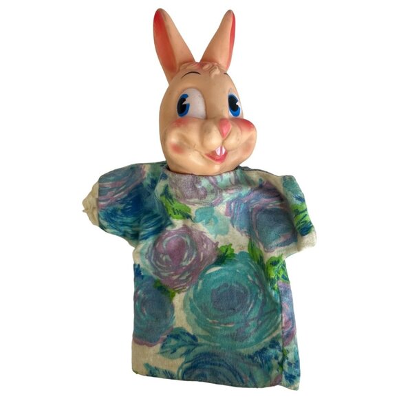 Vintage My Toy Bunny Rabbit Hand Puppet Rubber Head Floral Cloth Body Toy - Picture 1 of 4